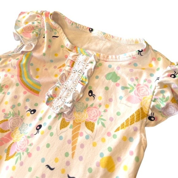 Unicorn rainbow polkadot ruffle short sleeve jumpsuit birthday outfit size 2T - Picture 5 of 6